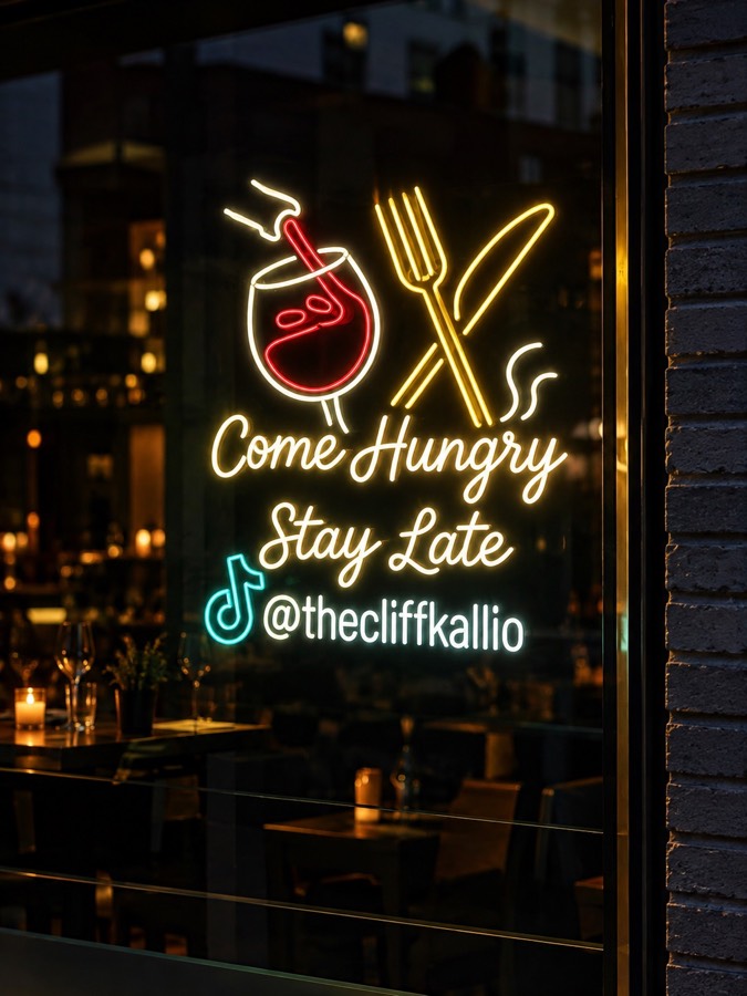 CLIFF’s Come Hungry Stay Late neon sign in the window